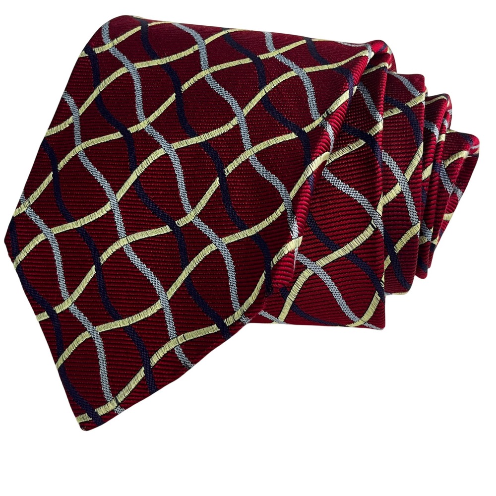 Hickey Freeman Silk Tie Red Gold Blue Geometric USA Made Woven